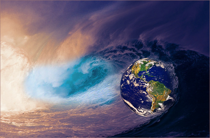 A surreal image depicting the Earth emerging from a large wave, set against a dramatic sky with swirling colors.