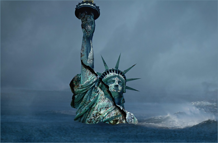A partially submerged Statue of Liberty with a cracked surface, surrounded by turbulent ocean waters under a stormy sky.