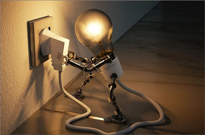 A stylized lamp with a humanoid form, resembling a light bulb with arms and legs, is plugging itself into an electrical outlet.