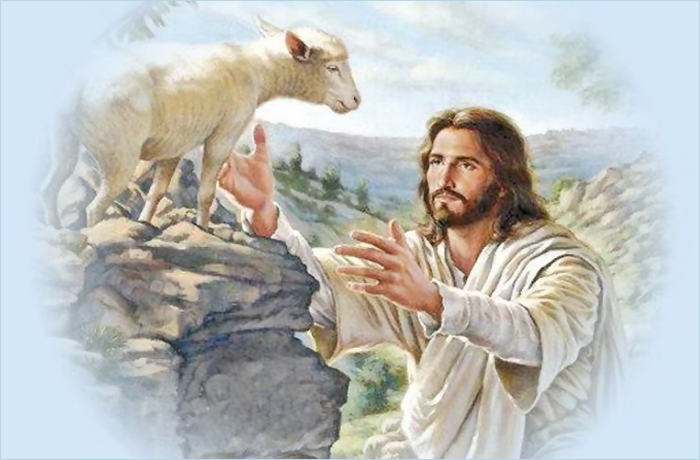 Depiction of Jesus reaching out to a sheep on a rocky landscape, symbolizing care and guidance.