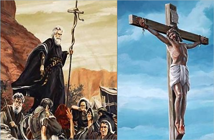 Left side: A biblical figure holding a staff, surrounded by followers in a desert landscape. Right side: A depiction of Jesus Christ crucified on a wooden cross against a blue sky.