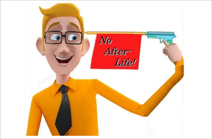 A cartoon character with glasses and blonde hair, wearing an orange shirt, holding a red flag that reads 'No After-Life!' accompanied by a toy gun.