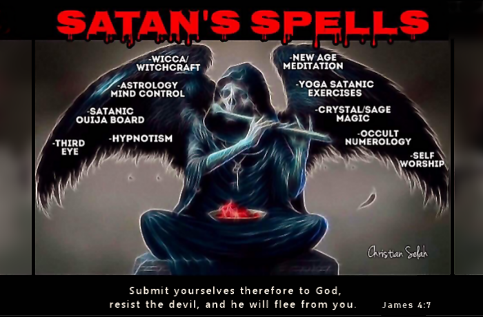 A dark, artistic depiction of a skeletal figure sitting cross-legged, surrounded by symbols of various occult practices like Wicca, astrology, and meditation. The phrase 'Satan's Spells' is prominently displayed at the top, with a Bible verse at the bottom.