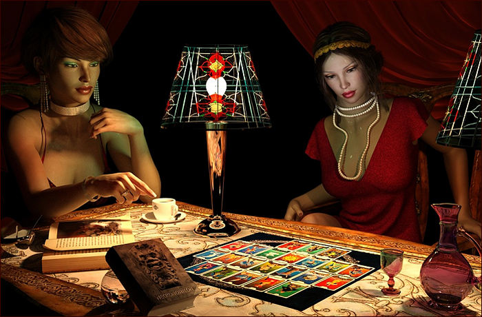 Two women engaged in a card game at a table, surrounded by decorative lamps and a book. A cup of coffee sits on the table alongside various game pieces.