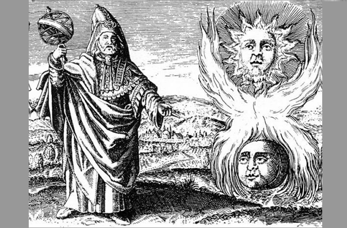 An ancient figure in a flowing robe holds an armillary sphere, standing beside a stylized sun and moon face, with landscape elements in the background.