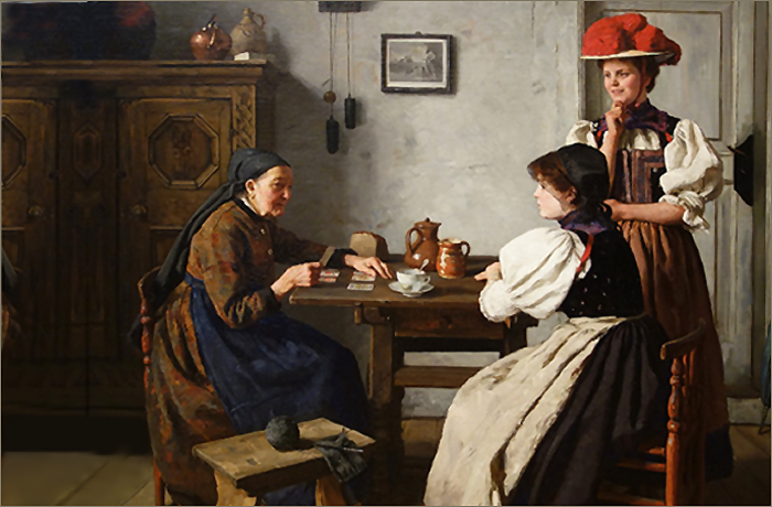 A historical painting depicting three women in a cozy interior setting. One woman is seated at a table, engaging with another who is listening attentively. A third woman stands nearby, adorned in traditional attire with a striking hat.