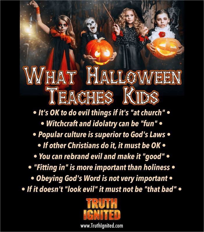 A group of children dressed in Halloween costumes, standing together with a spooky background, featuring pumpkins and skeleton decorations. The image includes text discussing lessons learned from Halloween regarding morality and cultural influences.