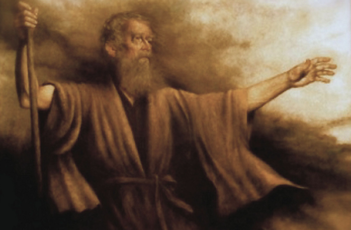 A figure in long robes, holding a staff and extending an arm, depicted against a dramatic, cloud-filled background.