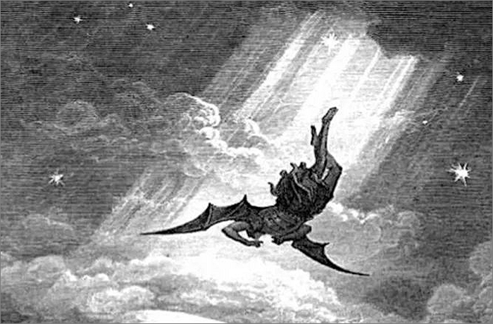 An illustration depicting a fallen figure with bat-like wings descending through clouds, illuminated by beams of light against a starry sky.